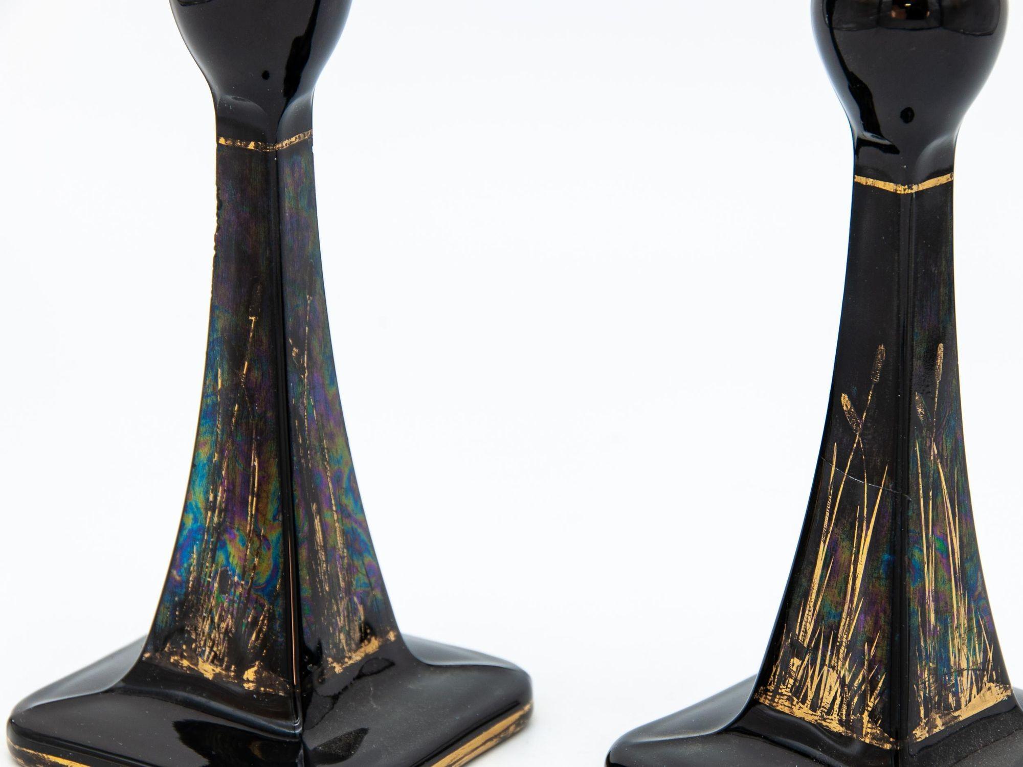 Hollywood Regency 1970s Black & Gold Candle Holders, Pair For Sale