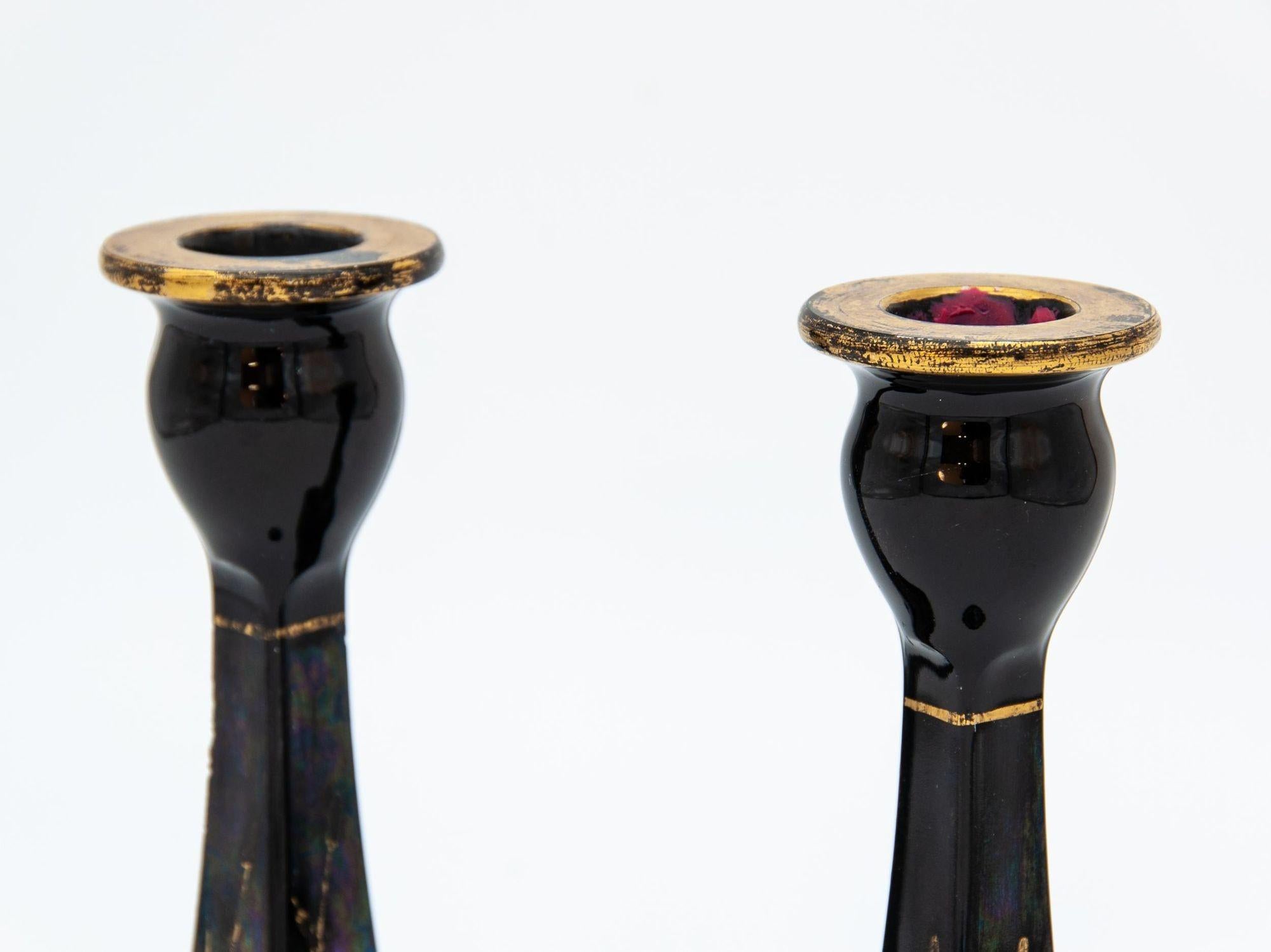 American 1970s Black & Gold Candle Holders, Pair For Sale
