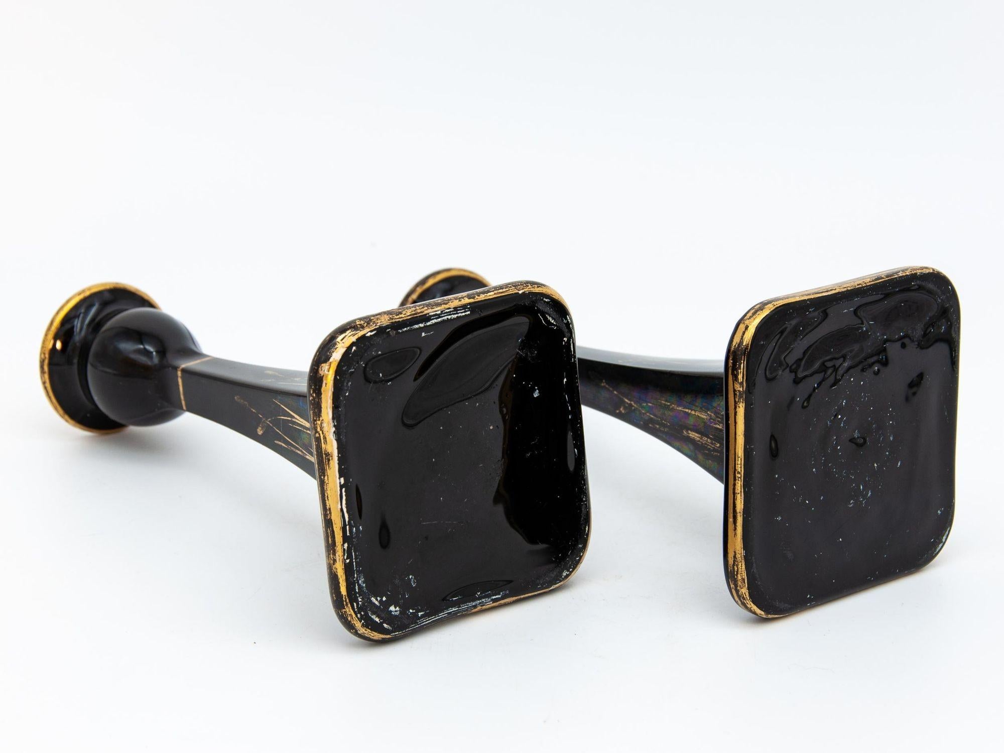 1970s Black & Gold Candle Holders, Pair In Good Condition For Sale In South Salem, NY