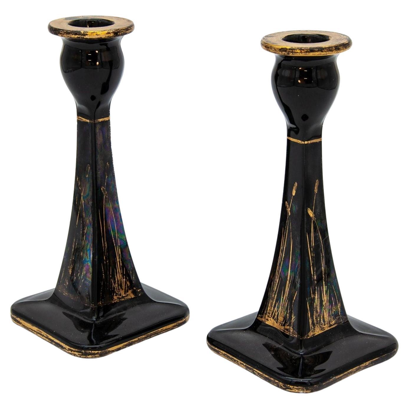 1970s Black & Gold Candle Holders, Pair For Sale