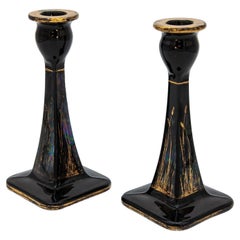 1970s Black & Gold Candle Holders, Pair