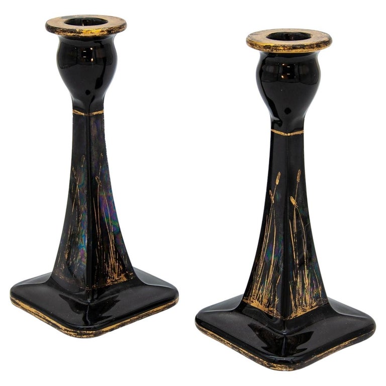 1970s Black and Gold Candle Holders, Pair For Sale at 1stDibs