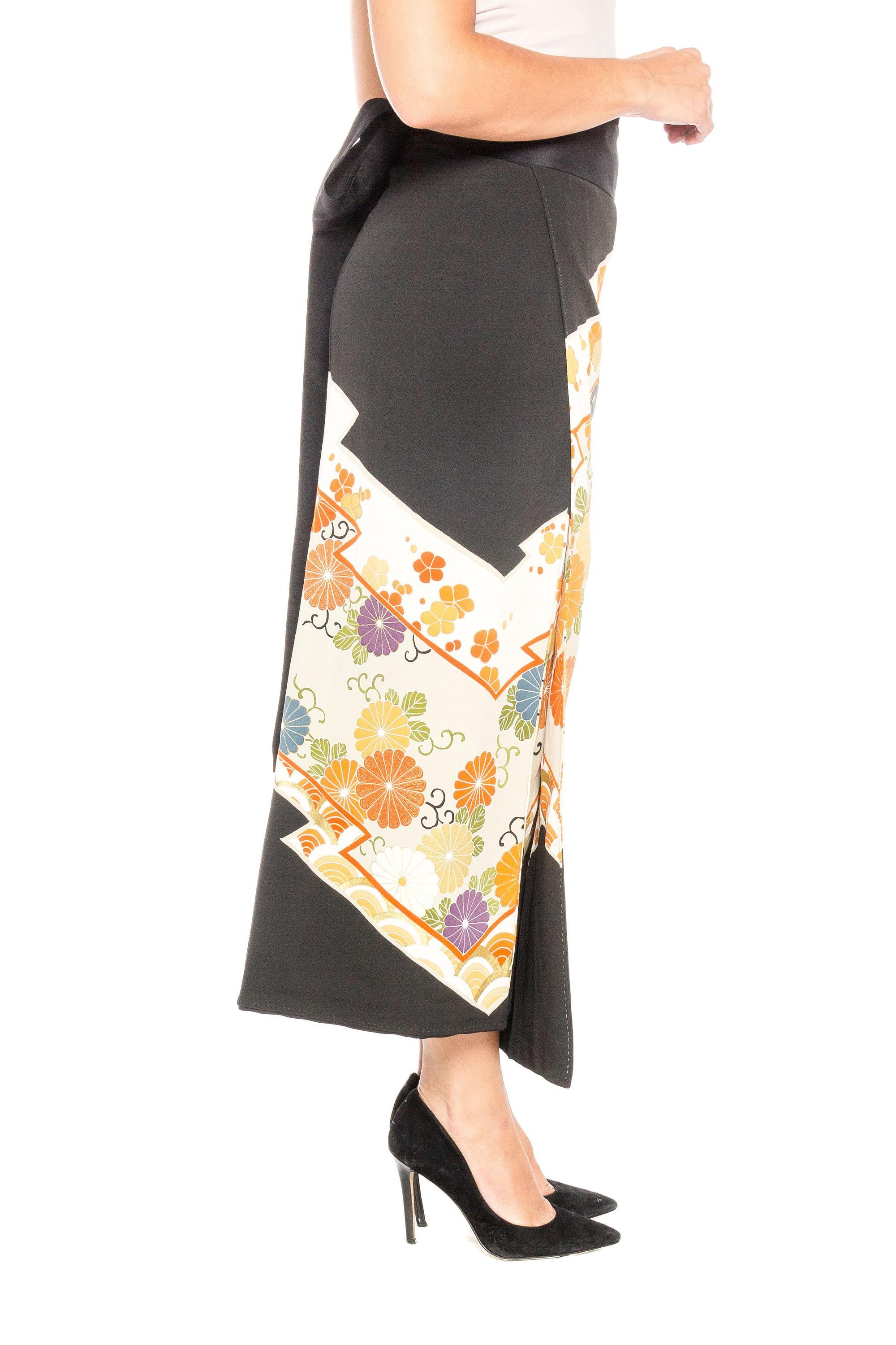 1970S Black Gold Embroidered Wrap Skirt Made From Hand Painted Japanese Kimono Silk