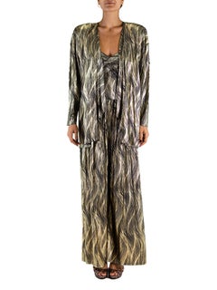 1970S Black & Gold Metallic Poly Blend Jersey Disco Tube Top, Pants Jacket Ense