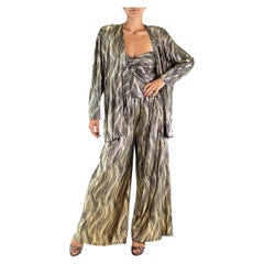 1970S Black & Gold Metallic Poly Blend Jersey Disco Tube Top, Pants Jacket Ense
