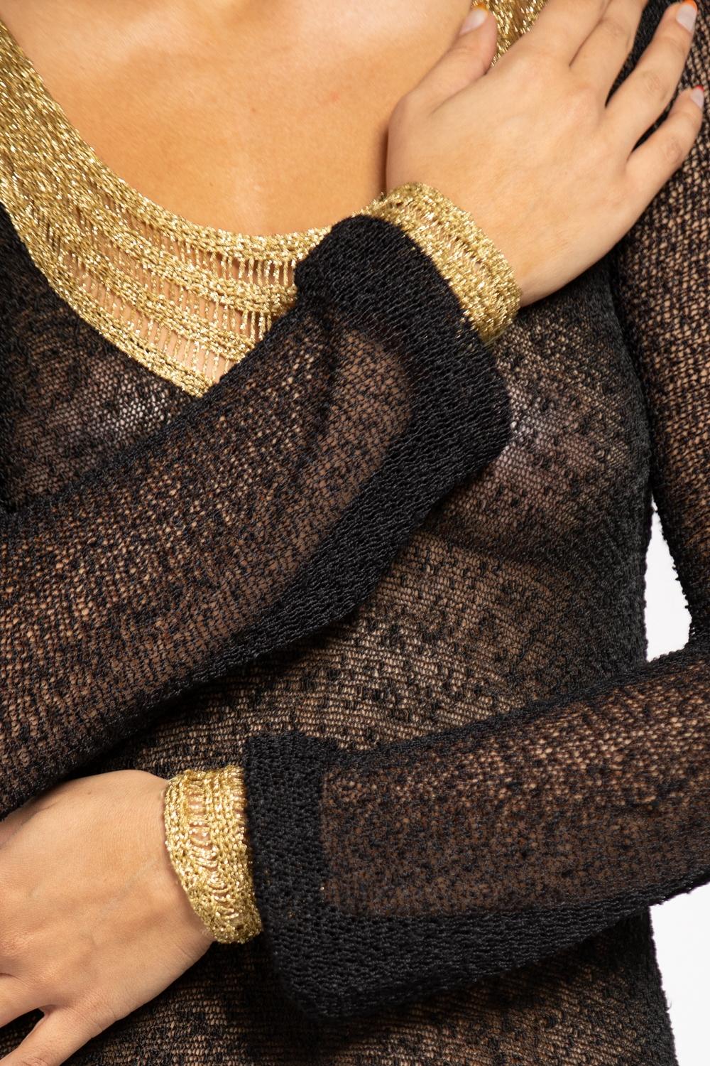1970S Schwarz & Gold Rayon Blend Knit Slinky Langärmeliges Kleid im Angebot 7