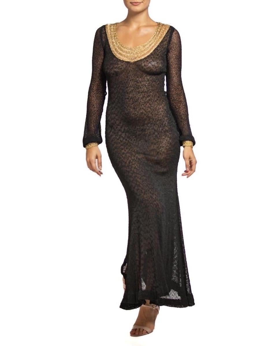 1970S Black & Gold Rayon Blend Knit Slinky Long Sleeved Dress For Sale 3