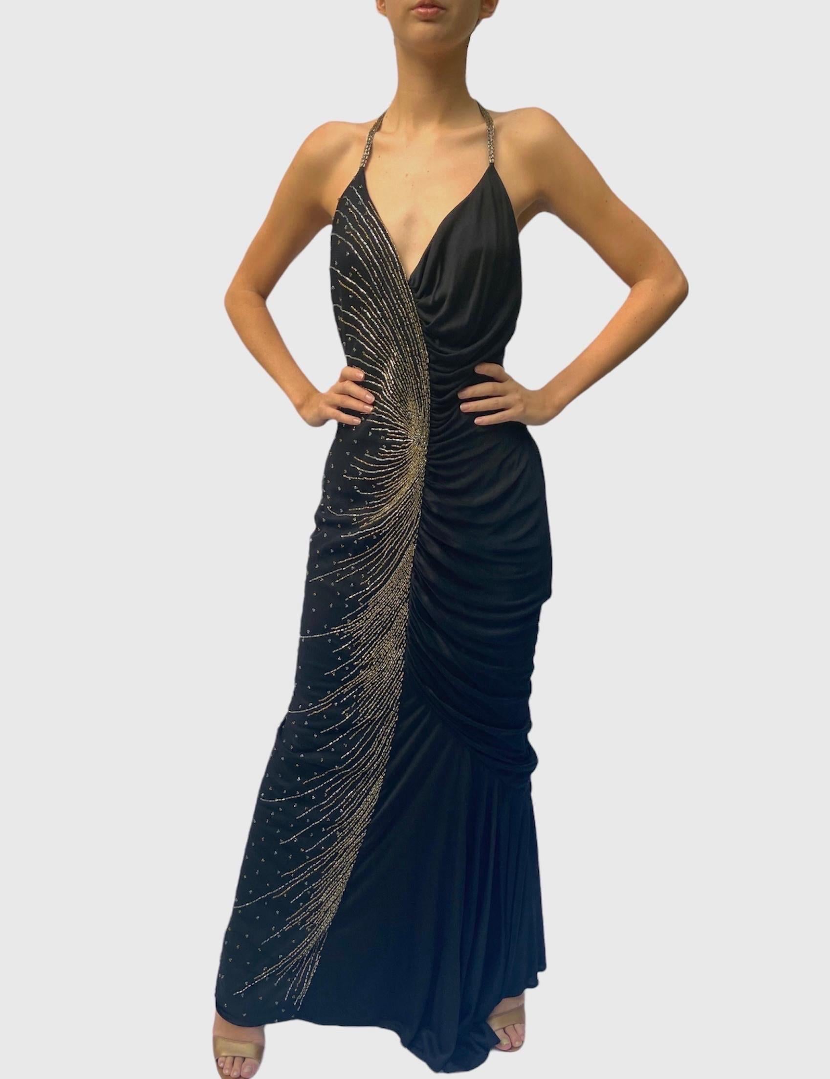 Ti 1970S Black & Gold Silk Jersey Beaded Tulle Backless Gown 