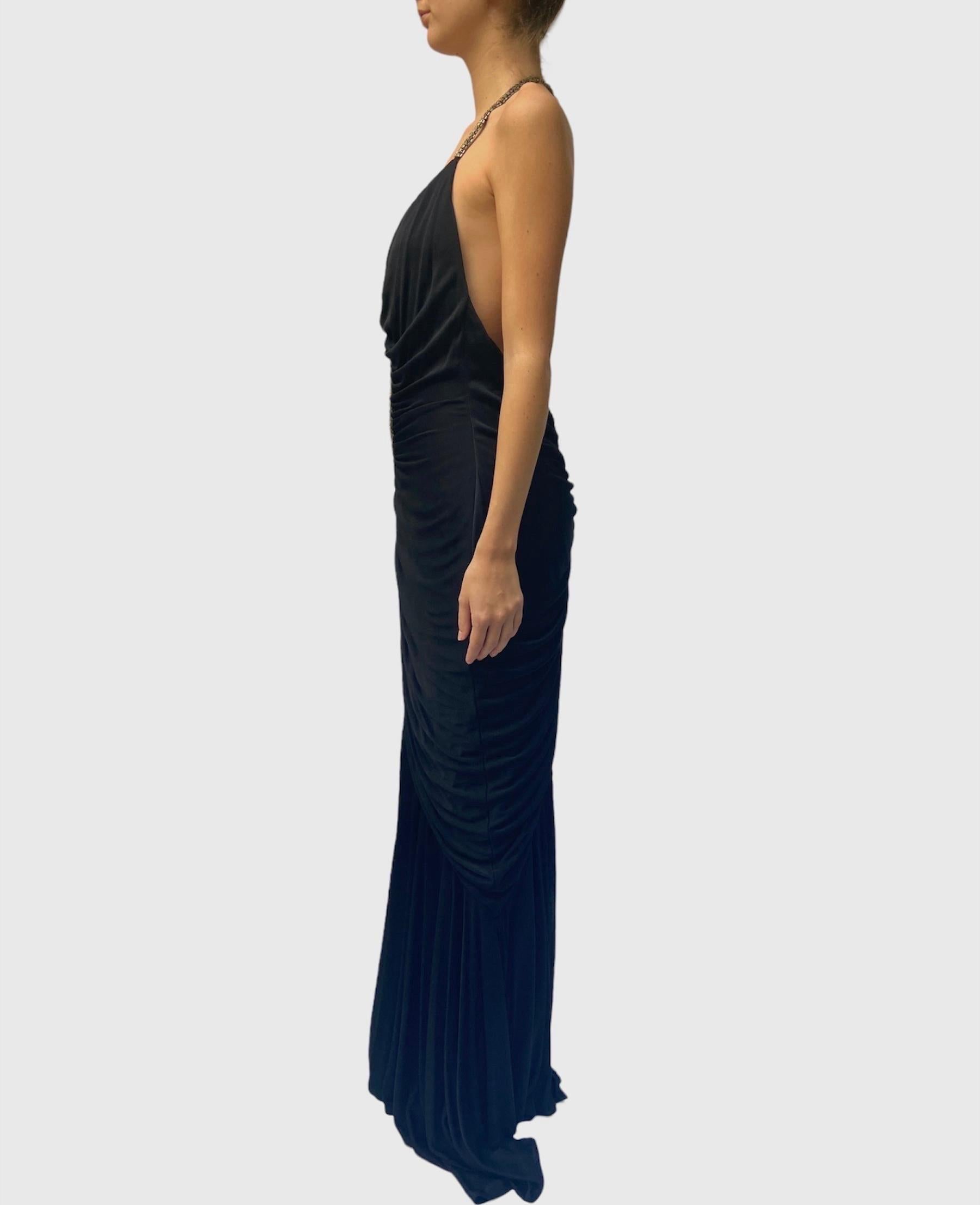 1970S Black & Gold Silk Jersey Beaded Tulle Backless Gown In Excellent Condition In New York, NY