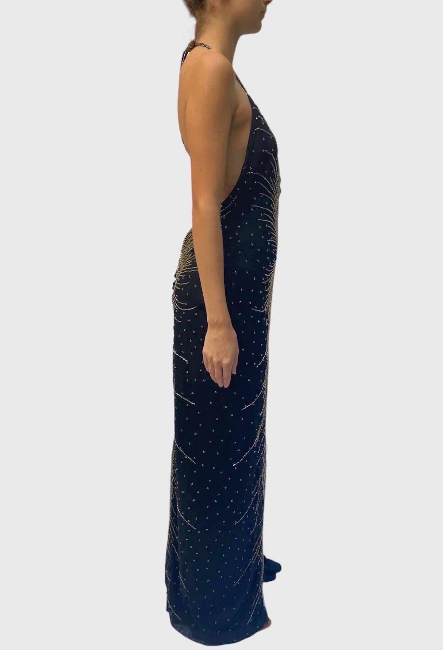 Women's 1970S Black & Gold Silk Jersey Beaded Tulle Backless Gown