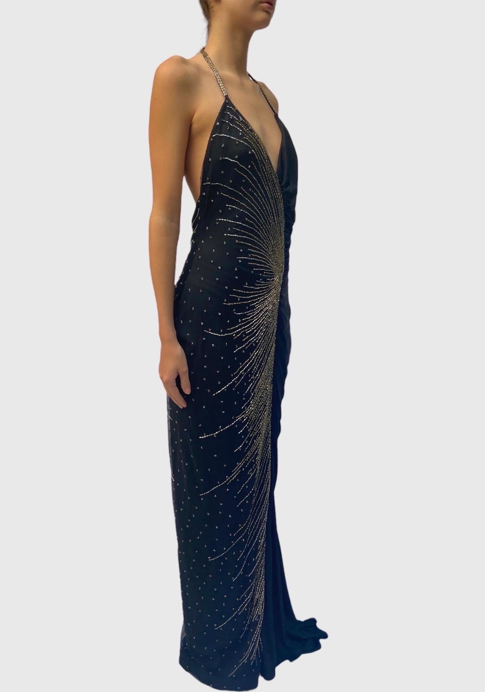 1970S Black & Gold Silk Jersey Beaded Tulle Backless Gown 2