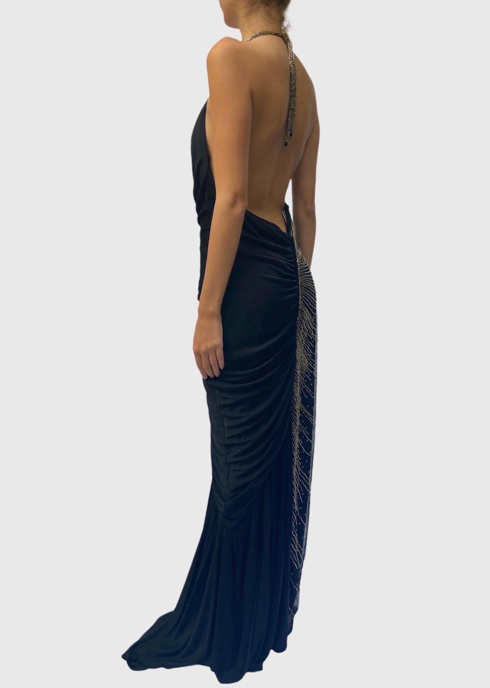1970S Black & Gold Silk Jersey Beaded Tulle Backless Gown 3
