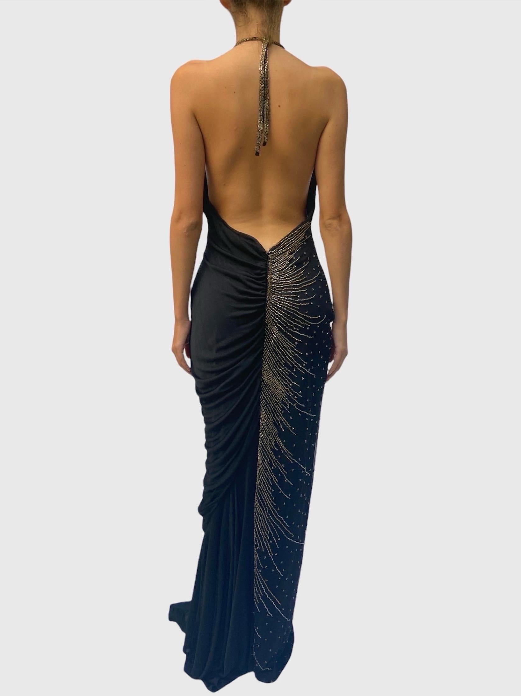 1970S Black & Gold Silk Jersey Beaded Tulle Backless Gown 4