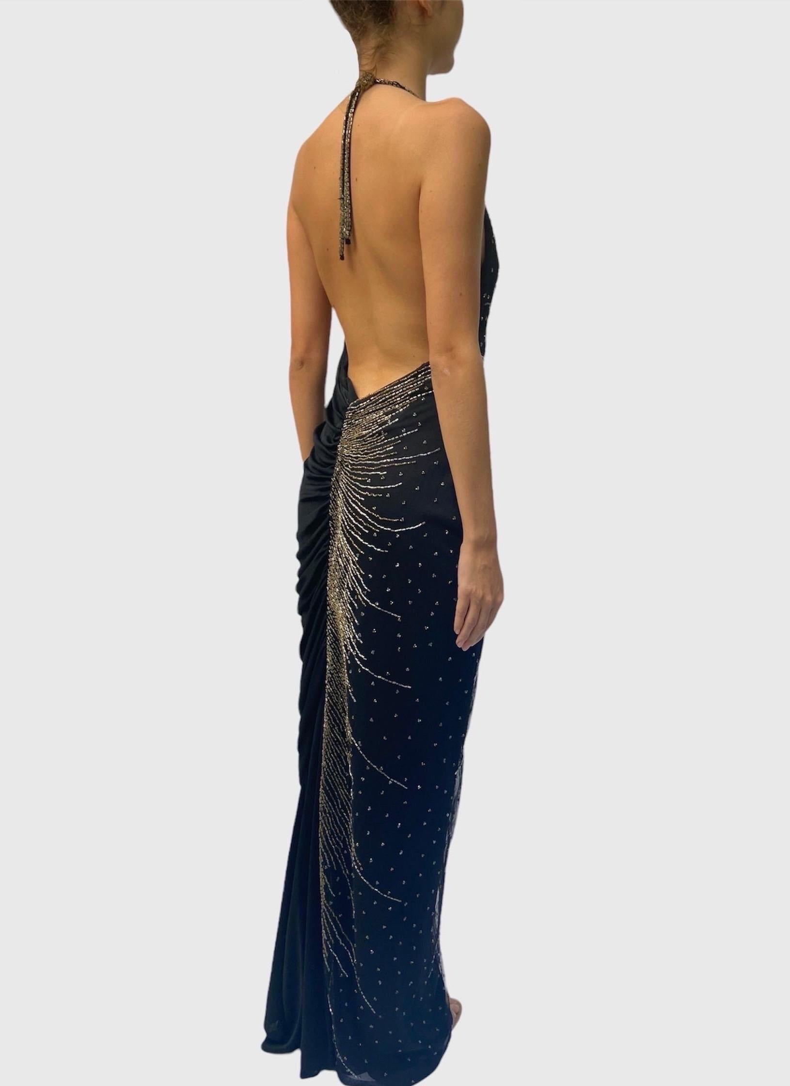 1970S Black & Gold Silk Jersey Beaded Tulle Backless Gown 5