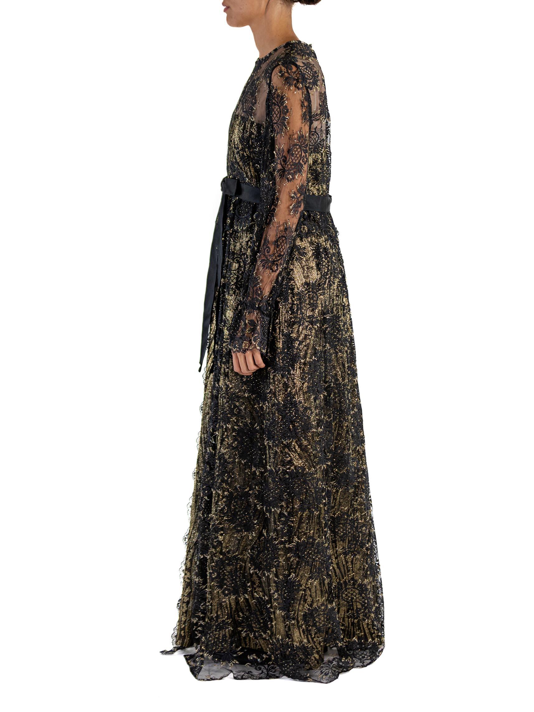 1970S Black & Gold Silk Lurex Jacquard Empire Waist Lace Overlay Gown With Sleeves