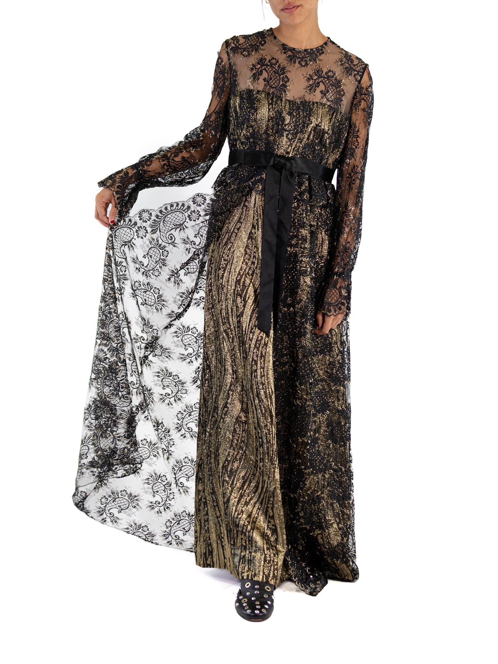 1970S Black & Gold Silk Lurex Jacquard Empire Waist Lace Overlay Gown With Slee In Excellent Condition For Sale In New York, NY