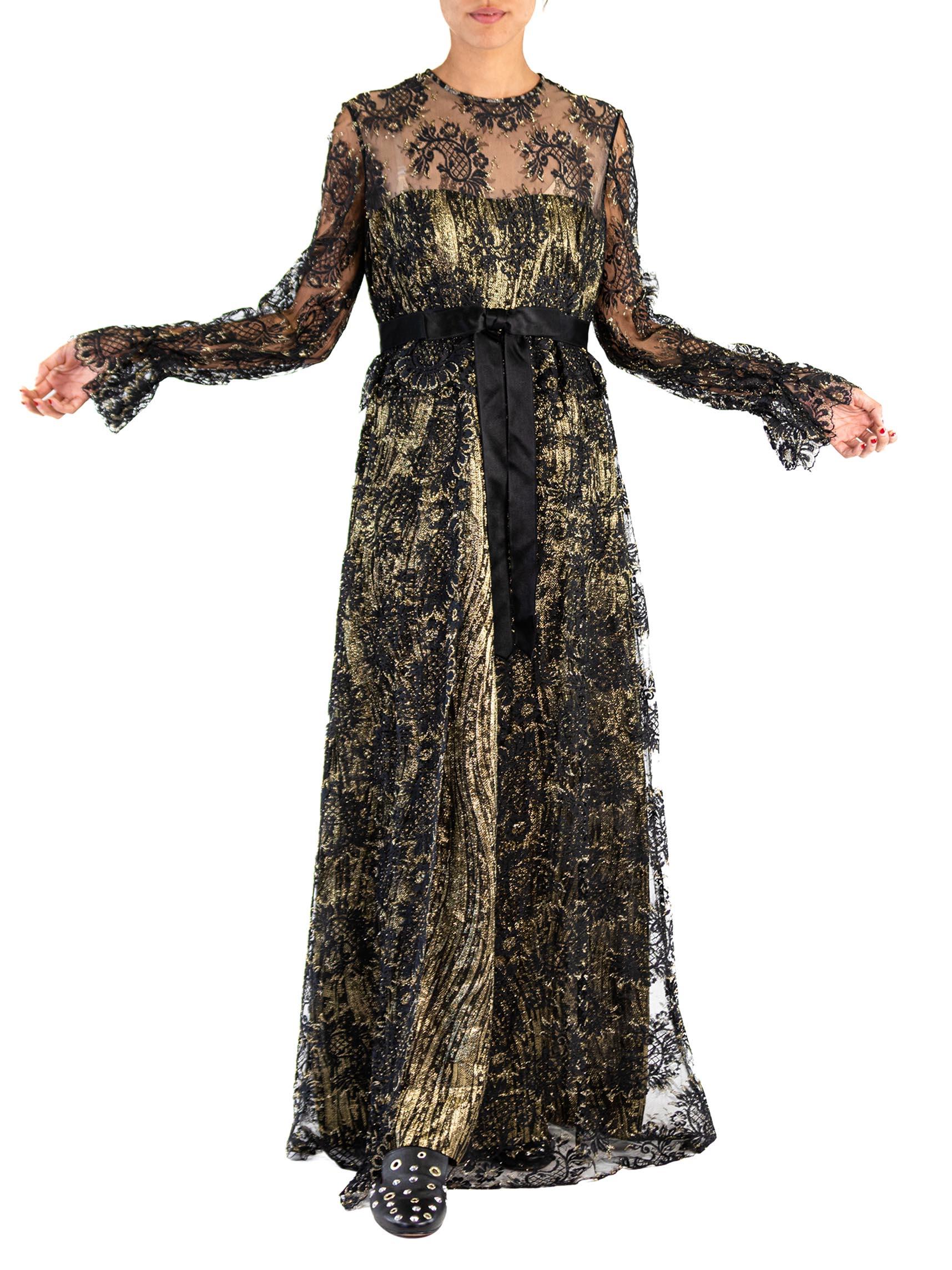 Women's 1970S Black & Gold Silk Lurex Jacquard Empire Waist Lace Overlay Gown With Slee For Sale