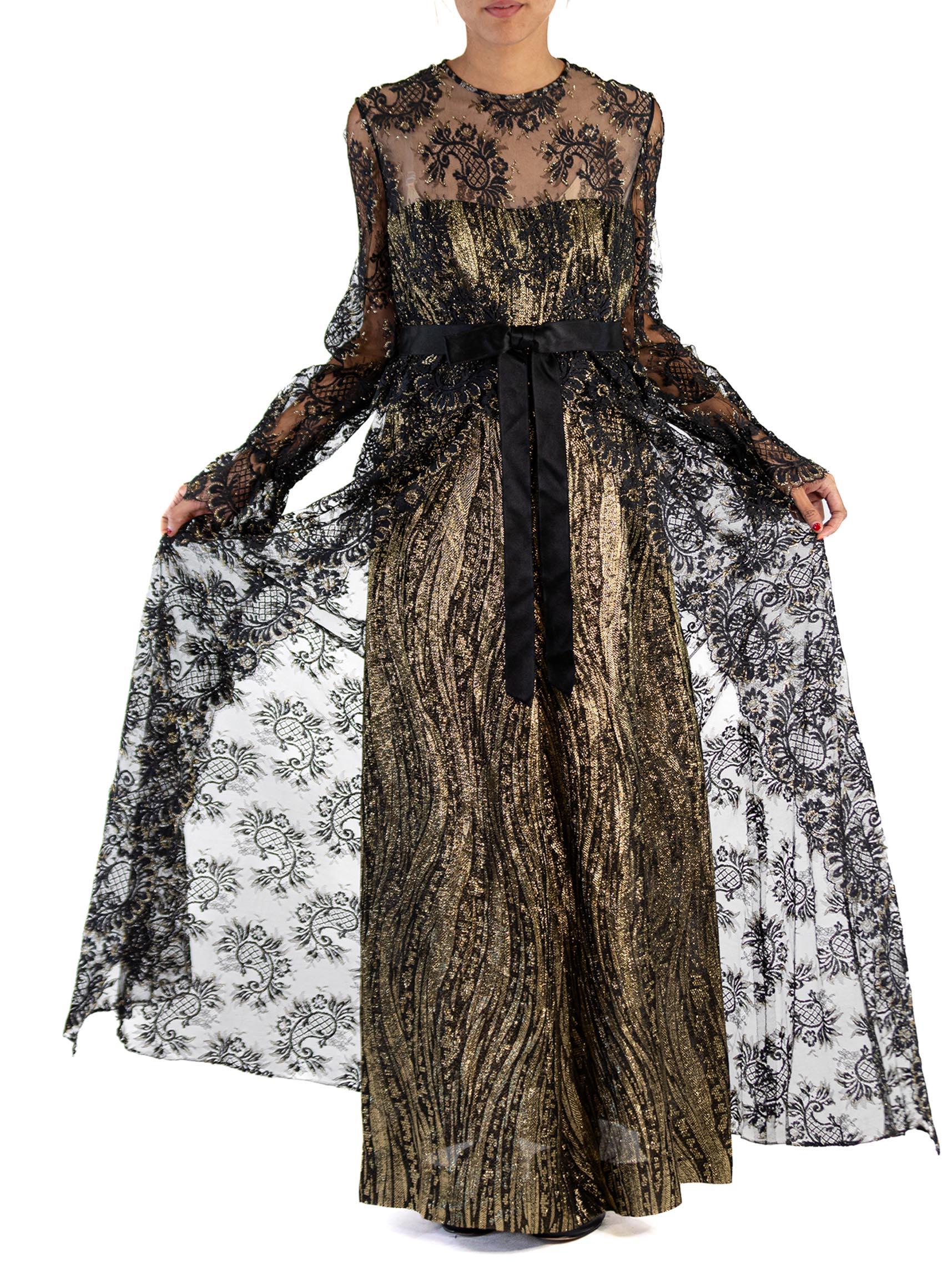 1970S Black & Gold Silk Lurex Jacquard Empire Waist Lace Overlay Gown With Slee For Sale 1