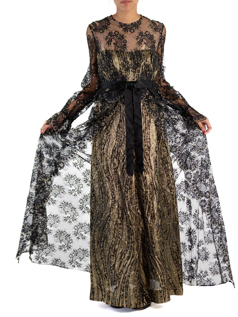 1970S Black and Gold Silk Lurex Jacquard Empire Waist Lace Overlay Gown  With Slee For Sale at 1stDibs | empire jacquard lace