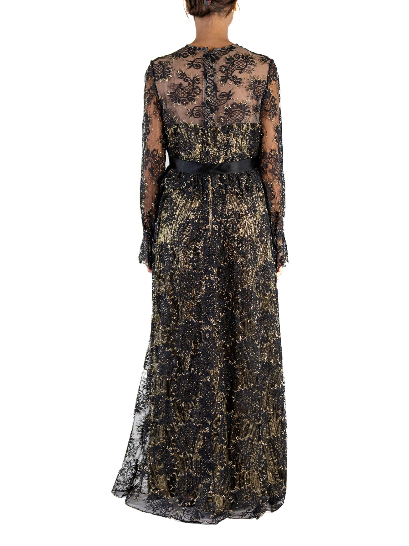 1970S Black & Gold Silk Lurex Jacquard Empire Waist Lace Overlay Gown With Slee For Sale 2