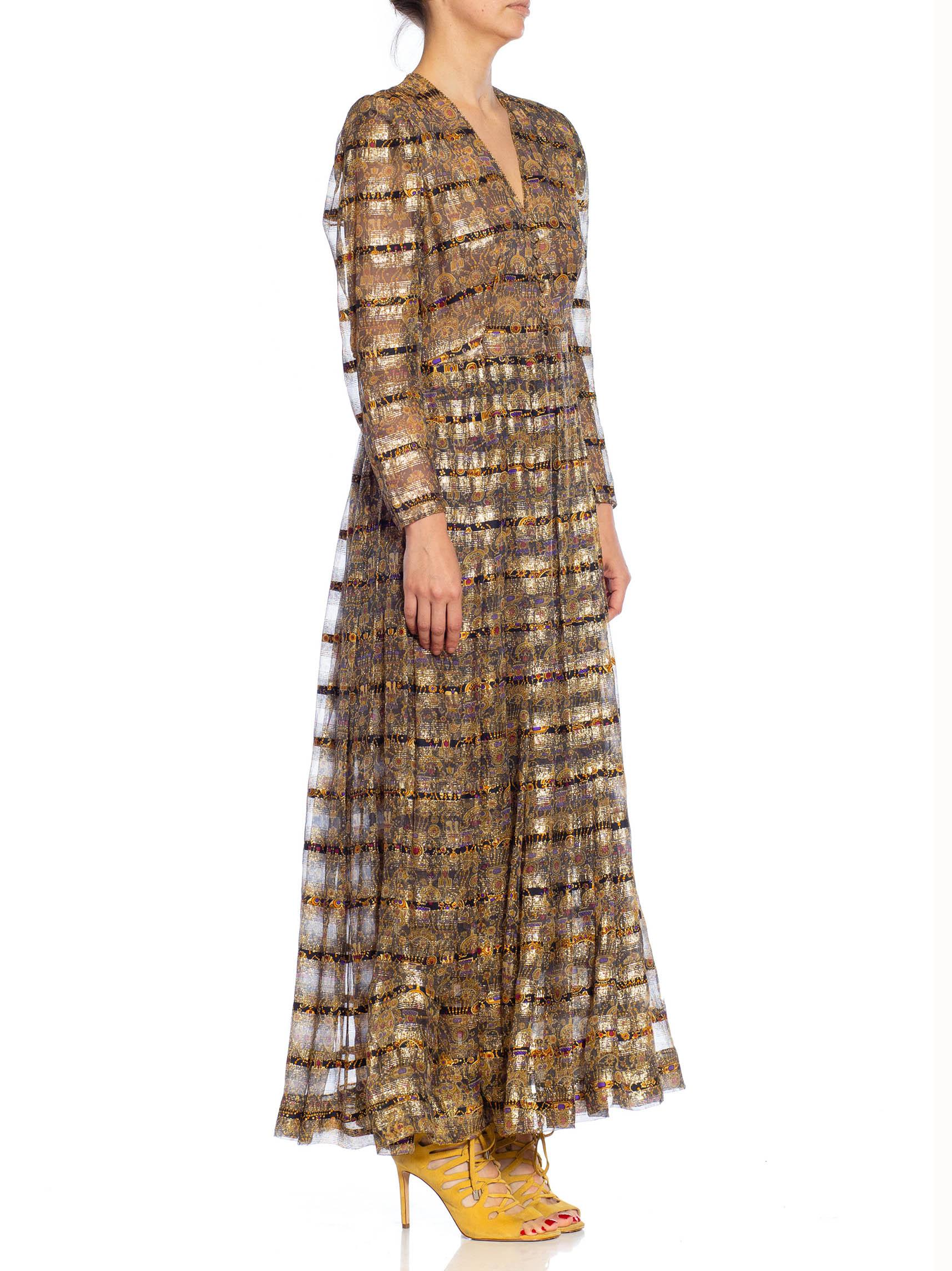 1970S Black, Gold & Yellow Metallic Silk Lurex Chiffon Stripe Gown With Long Sl For Sale 5