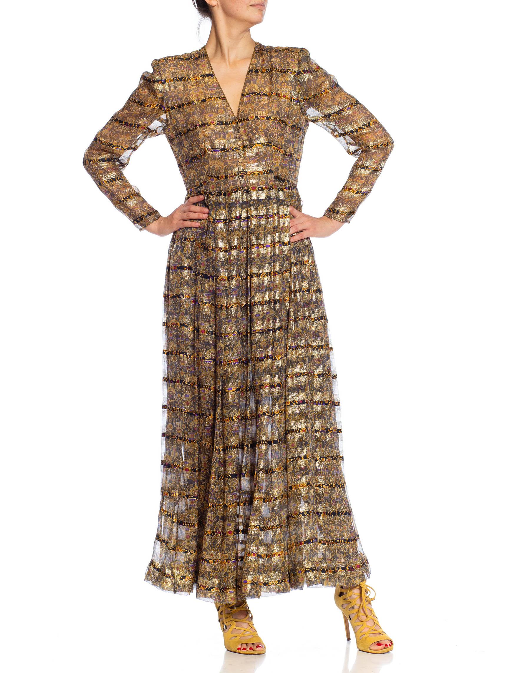 1970S Black, Gold & Yellow Metallic Silk Lurex Chiffon Stripe Gown With Long Sl In Excellent Condition For Sale In New York, NY