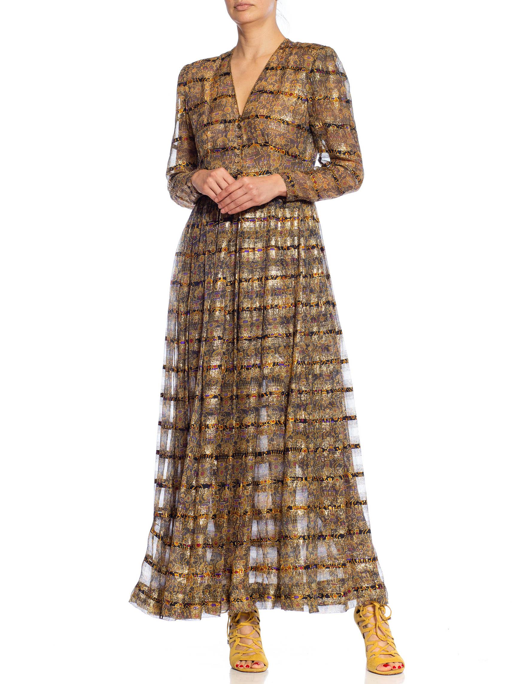 Women's 1970S Black, Gold & Yellow Metallic Silk Lurex Chiffon Stripe Gown With Long Sl For Sale