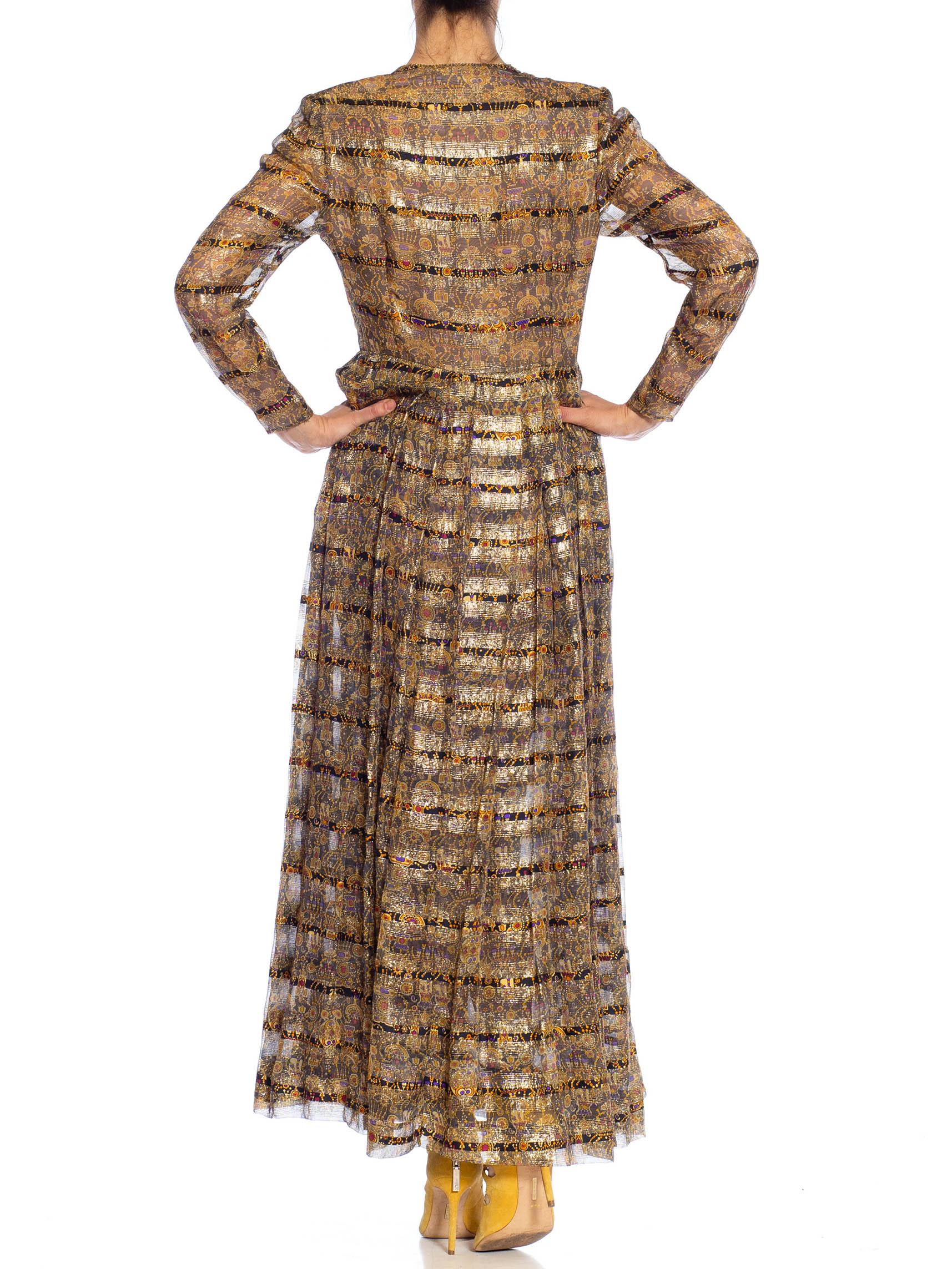1970S Black, Gold & Yellow Metallic Silk Lurex Chiffon Stripe Gown With Long Sl For Sale 1