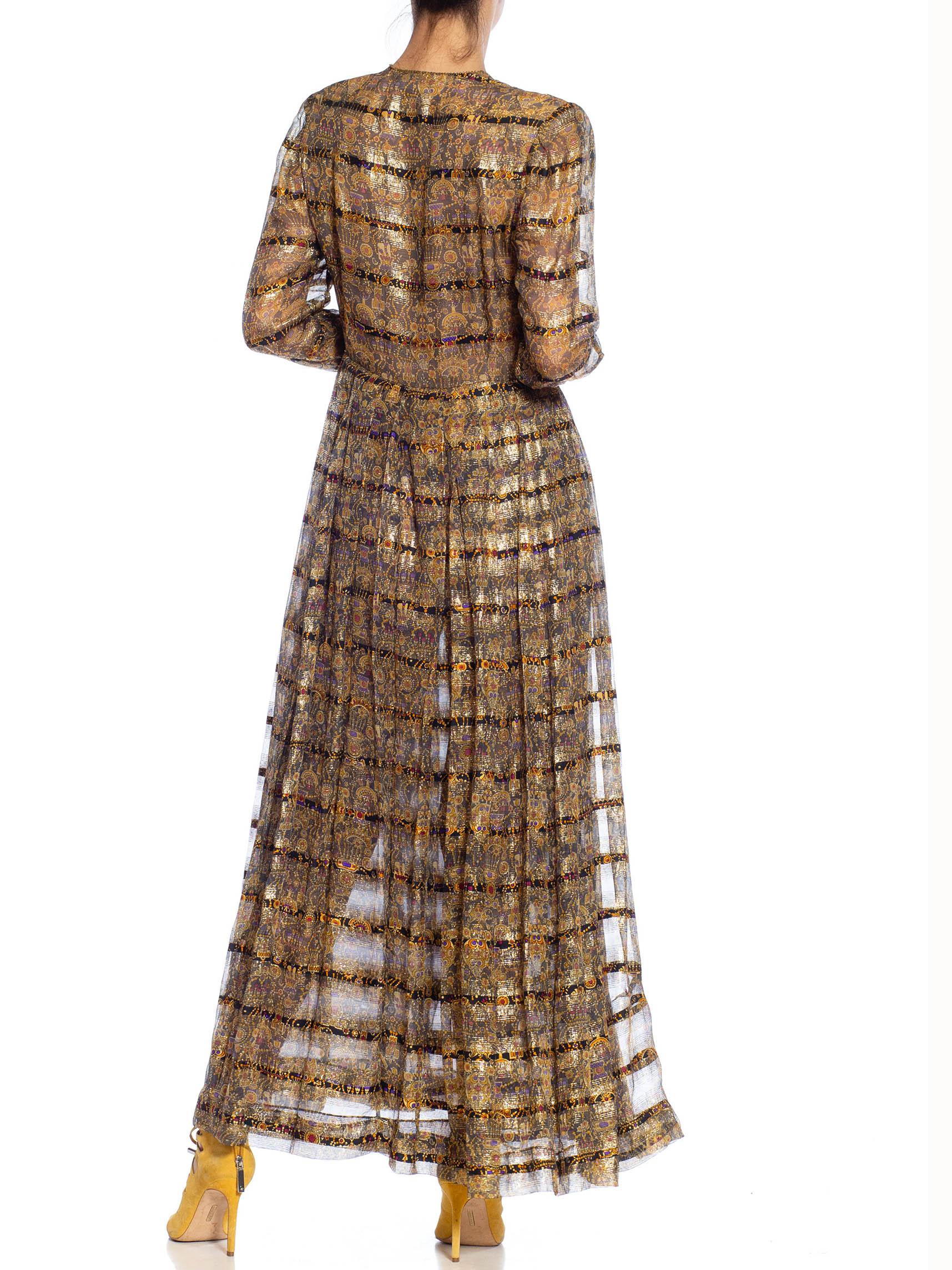 1970S Black, Gold & Yellow Metallic Silk Lurex Chiffon Stripe Gown With Long Sl For Sale 2