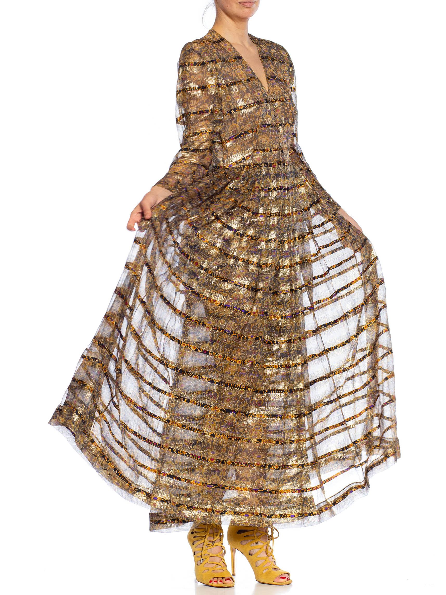 1970S Black, Gold & Yellow Metallic Silk Lurex Chiffon Stripe Gown With Long Sl For Sale 3