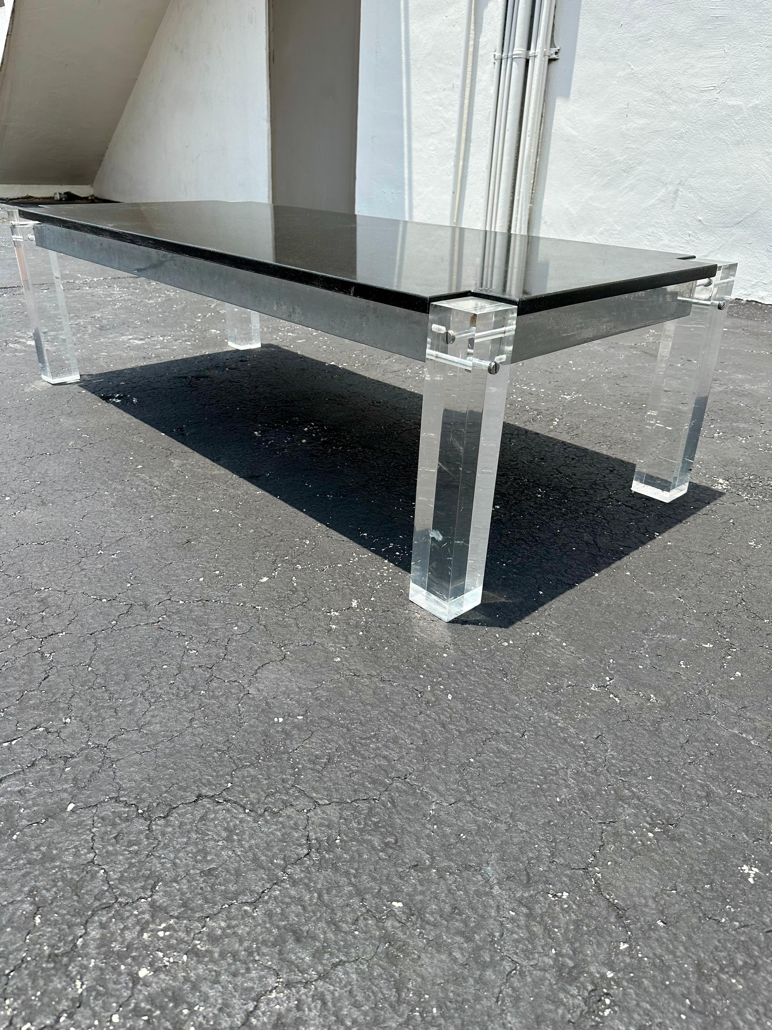 Mid-Century Modern 1970s Black Granite Stone Lucite Floating Table For Sale