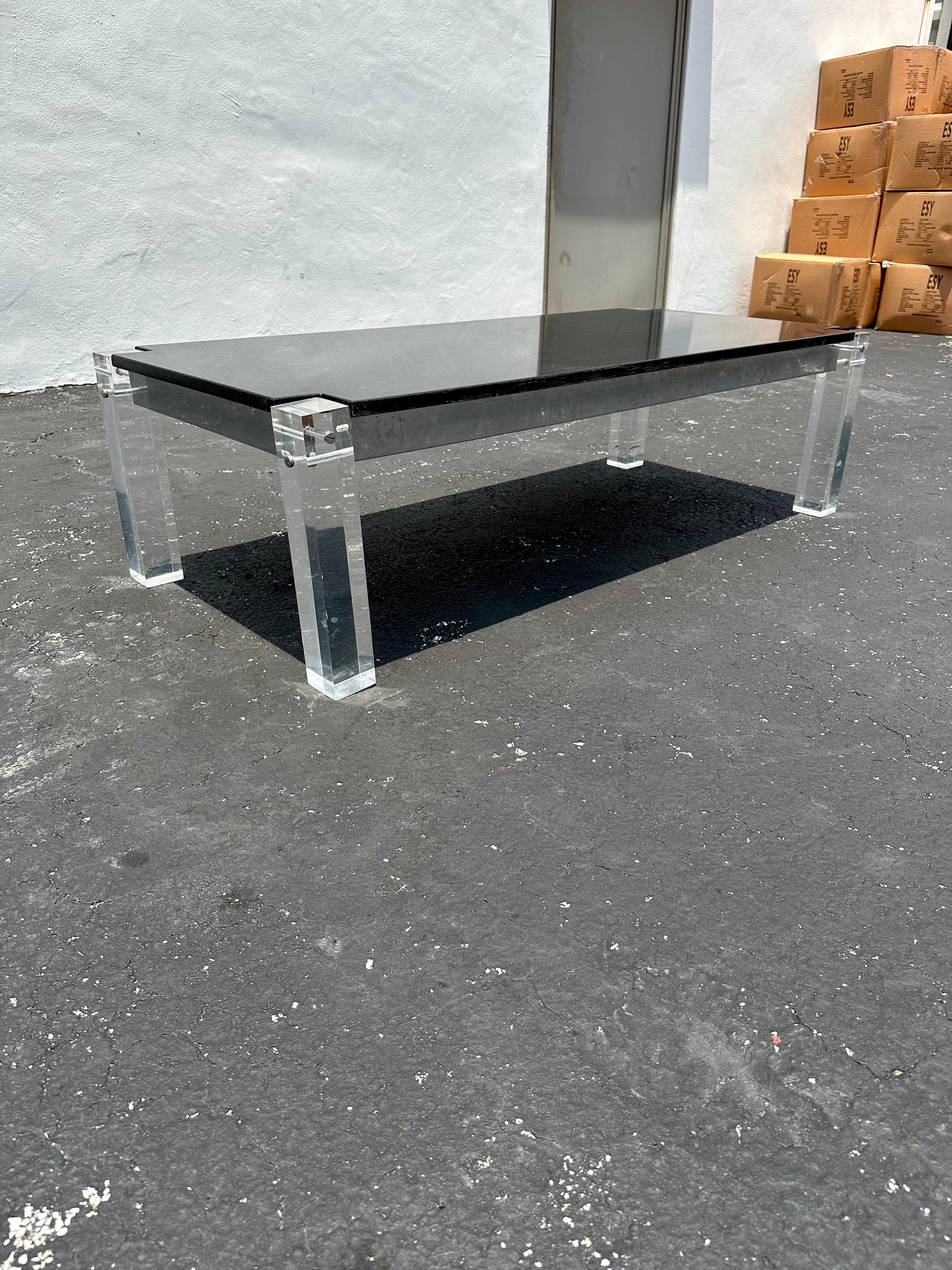 American 1970s Black Granite Stone Lucite Floating Table For Sale