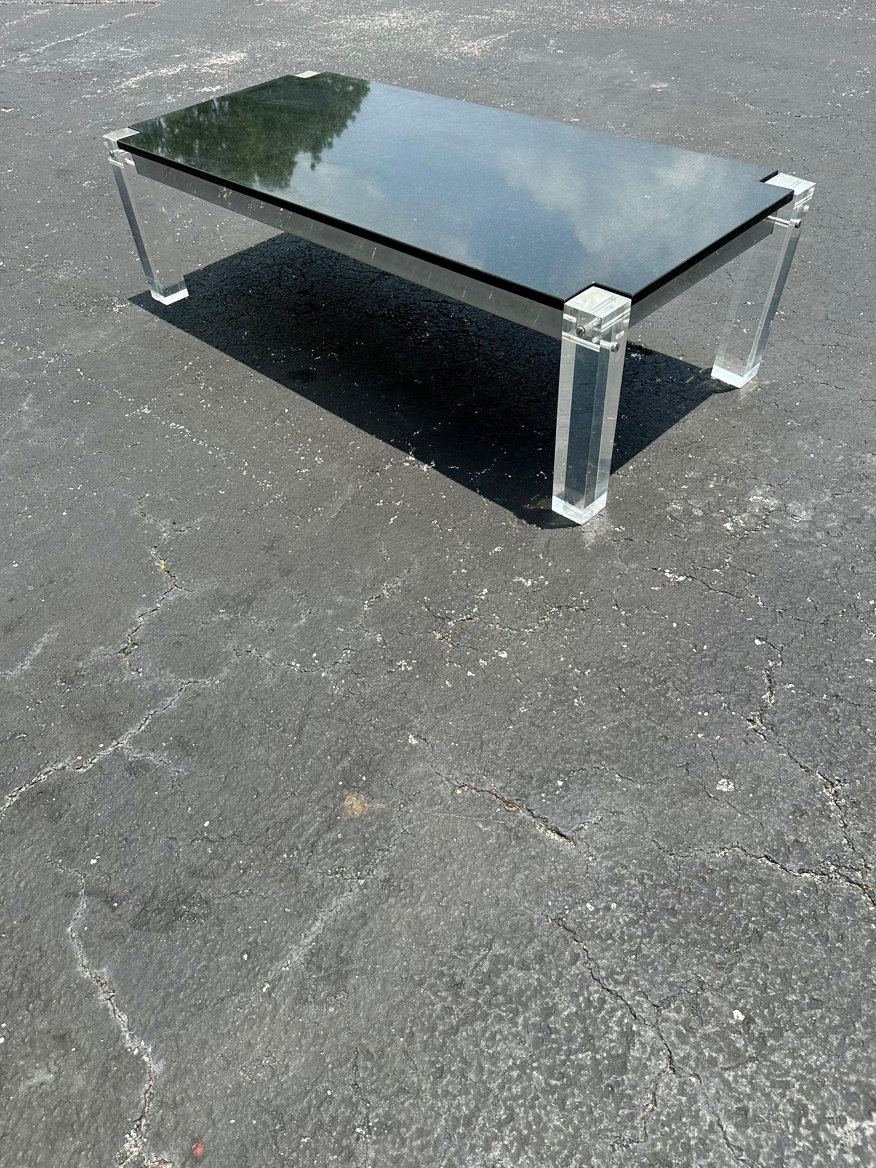 1970s Black Granite Stone Lucite Floating Table In Good Condition For Sale In Fort Lauderdale, FL