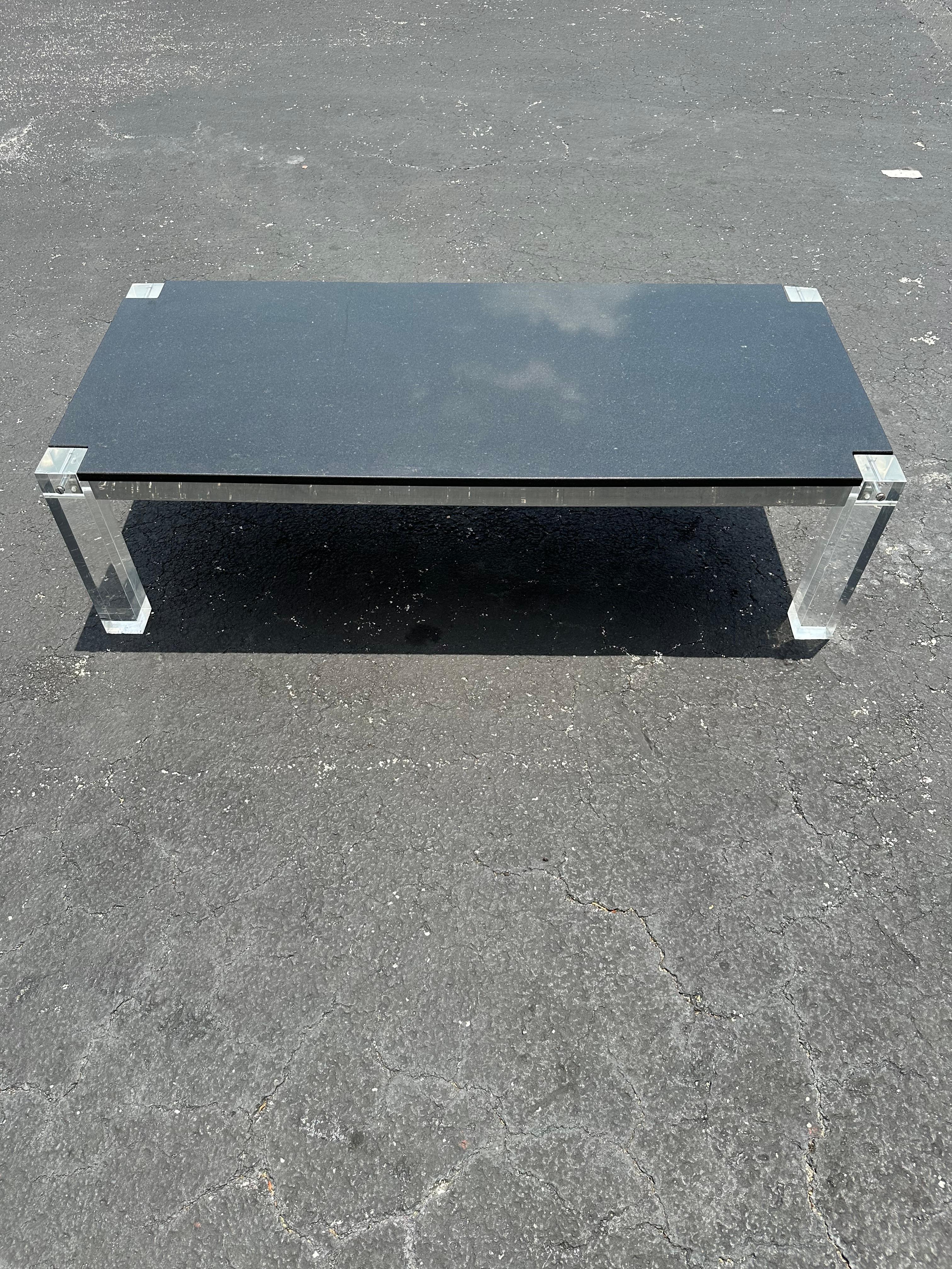 Late 20th Century 1970s Black Granite Stone Lucite Floating Table For Sale