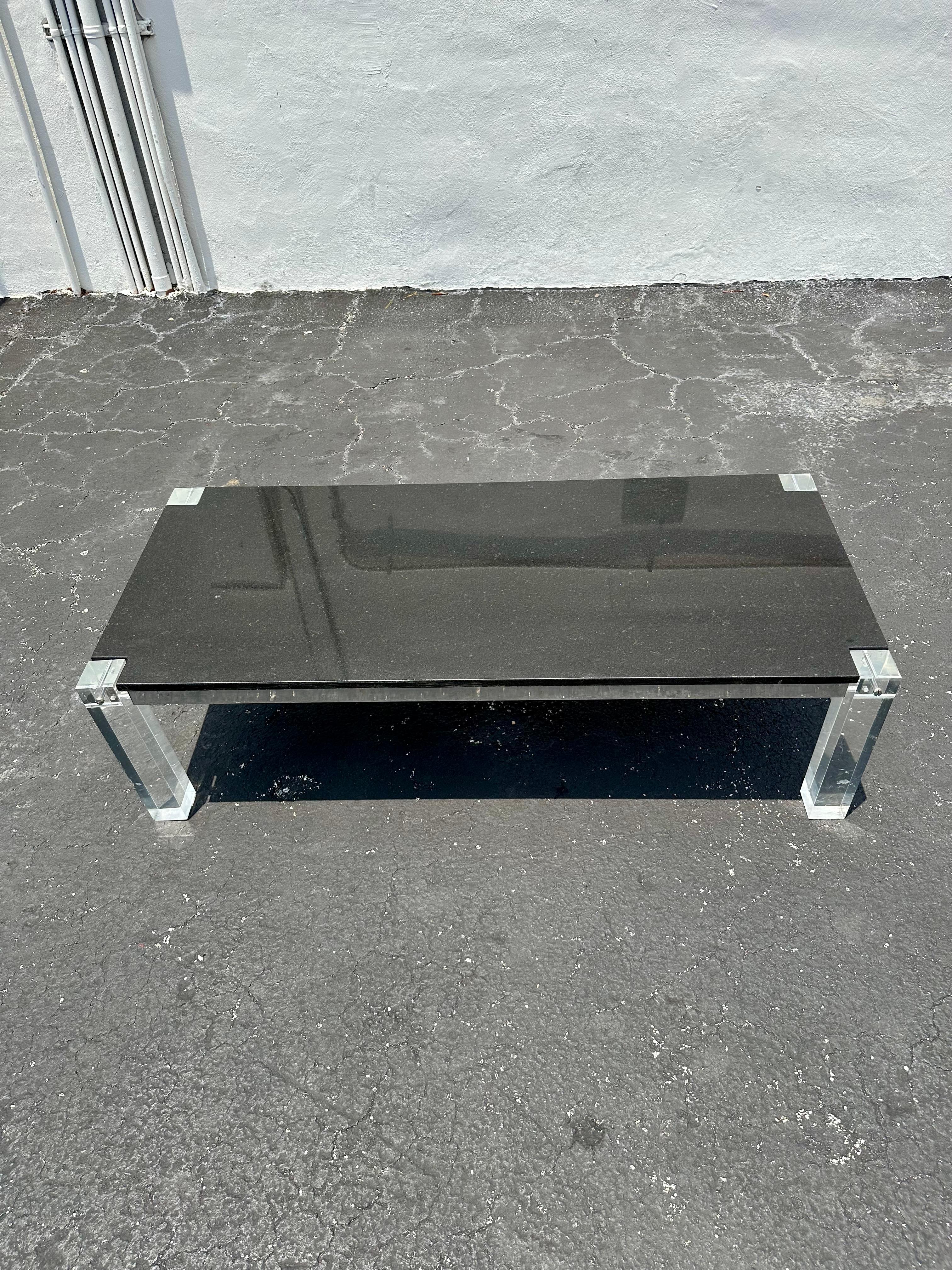 1970s Black Granite Stone Lucite Floating Table For Sale 1