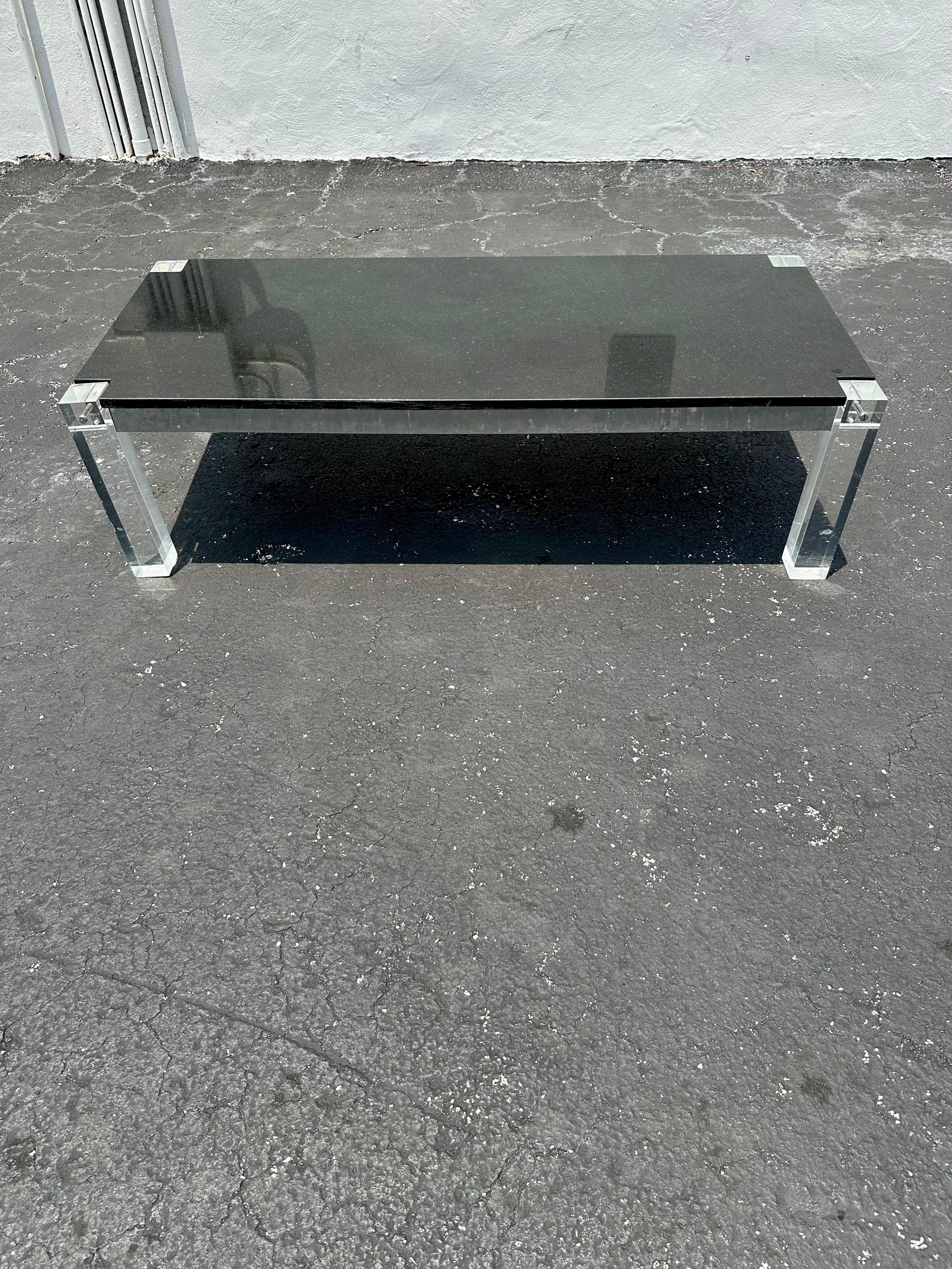 1970s Black Granite Stone Lucite Floating Table For Sale 3