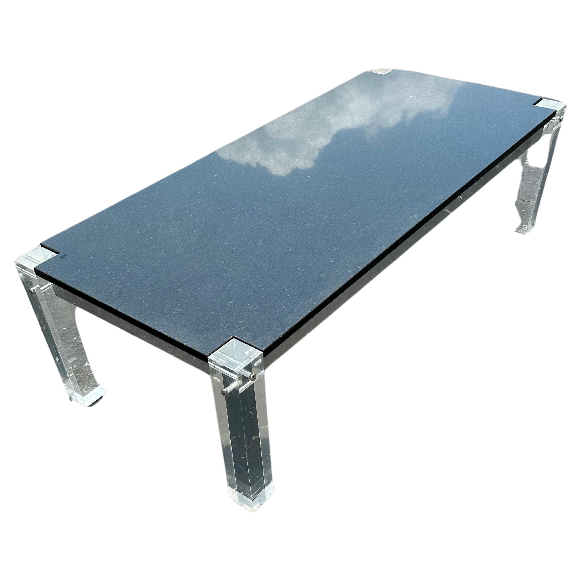 1970s Black Granite Stone Lucite Floating Table For Sale