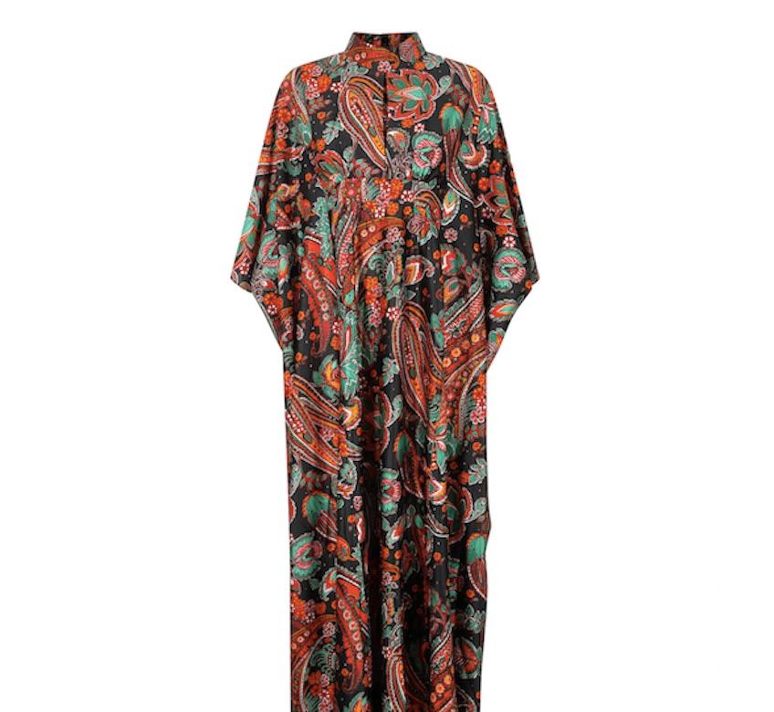 1970s Black Green and Orange Paisley Print Kaftan For Sale 2