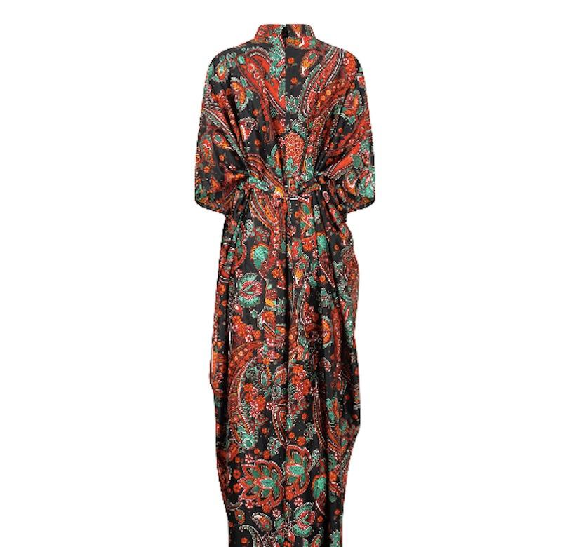 1970s Black Green and Orange Paisley Print Kaftan For Sale 3