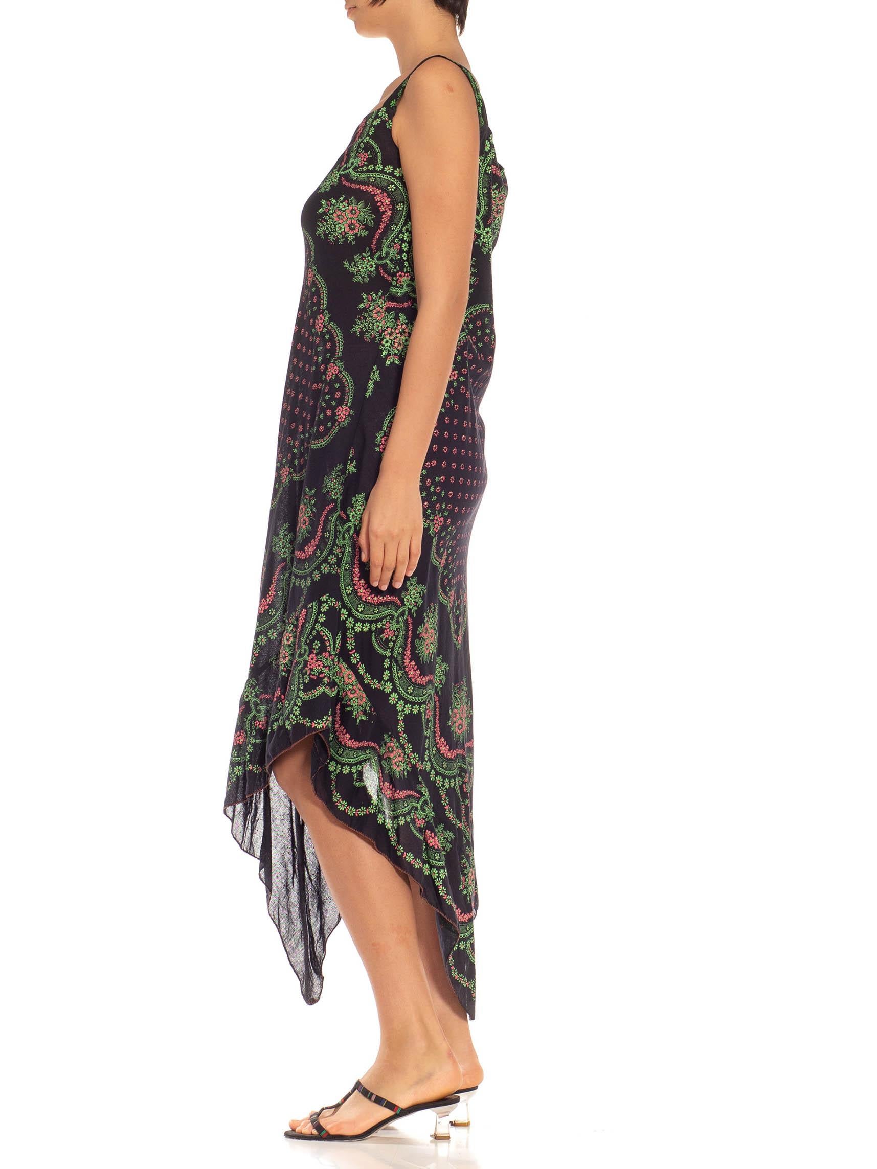 1970S Black, Green & Pink Cotton Trapeze Bias Cut Sun Dress In Excellent Condition For Sale In New York, NY