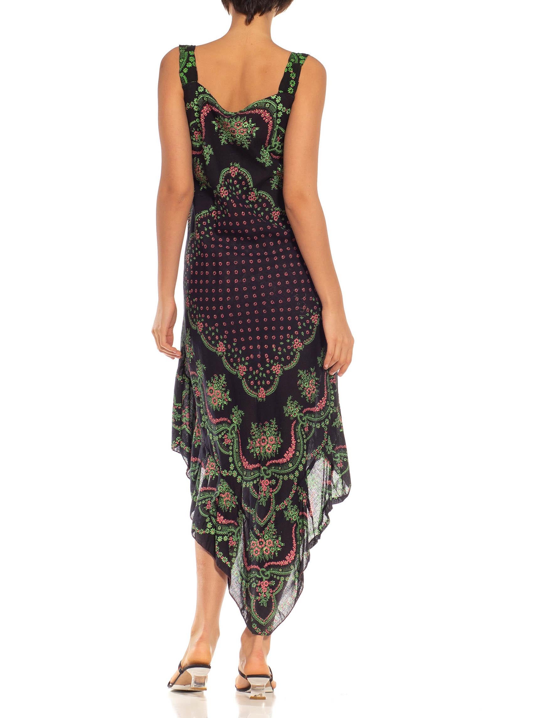 1970S Black, Green & Pink Cotton Trapeze Bias Cut Sun Dress For Sale 3