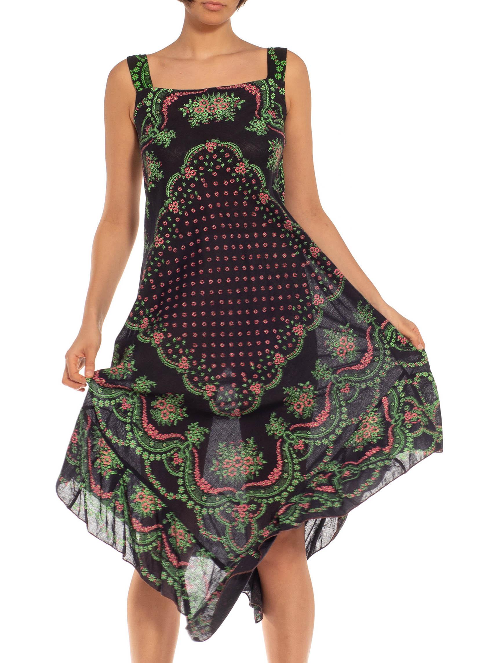 1970S Black, Green & Pink Cotton Trapeze Bias Cut Sun Dress For Sale 5