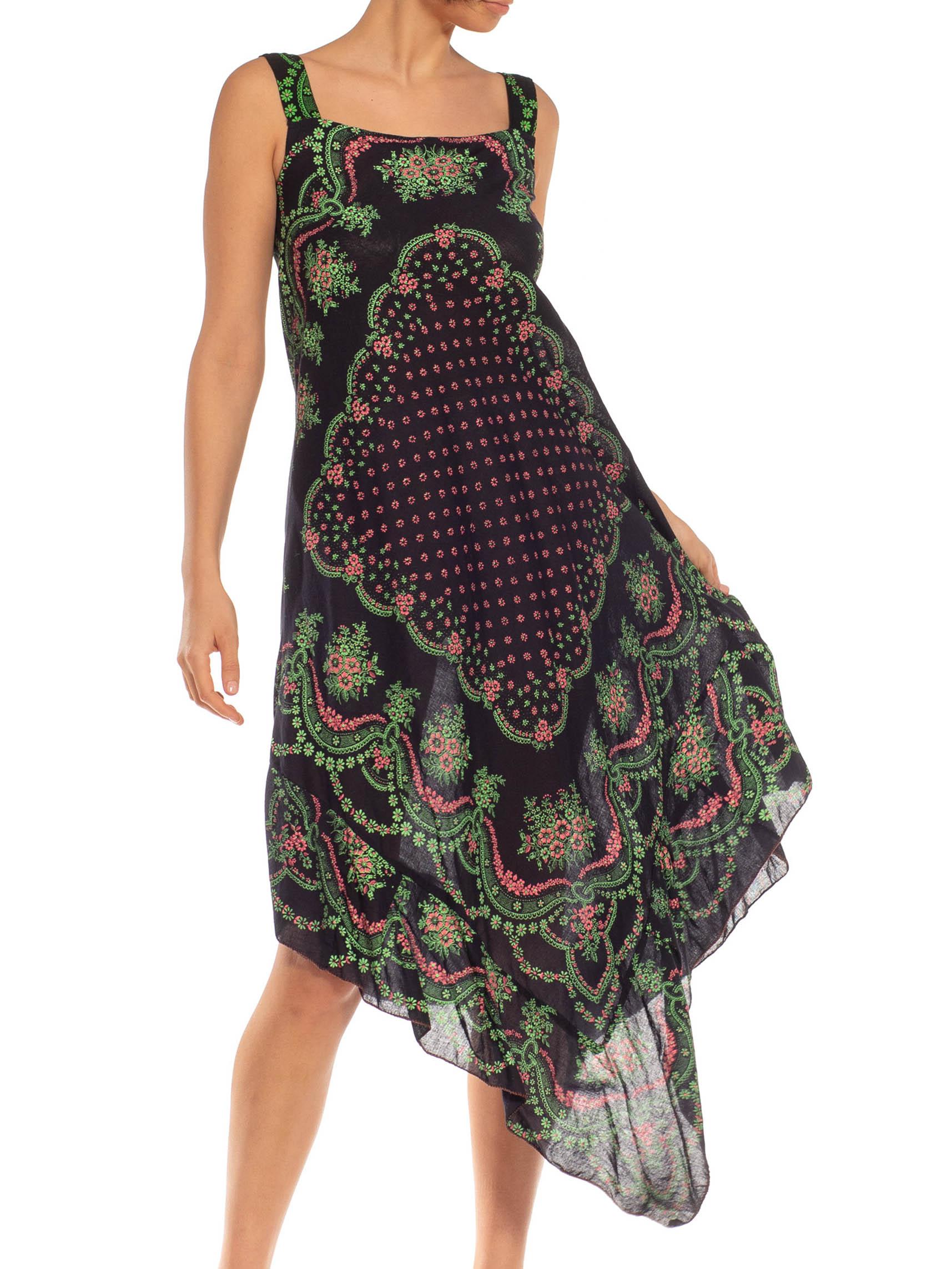 1970S Black, Green & Pink Cotton Trapeze Bias Cut Sun Dress For Sale 6