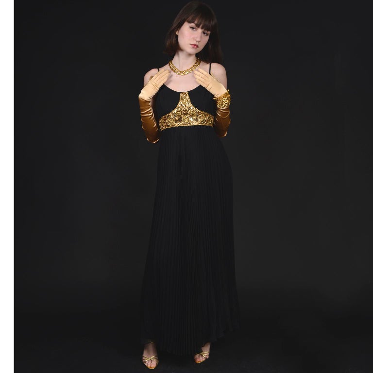 1970s Black Jean Patou Evening Gown Vintage Dress With Gold Beads & Sequins  In Excellent Condition For Sale In Portland, OR