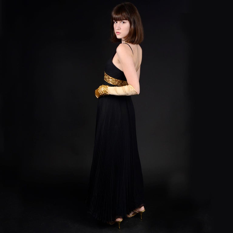 Women's 1970s Black Jean Patou Evening Gown Vintage Dress With Gold Beads & Sequins  For Sale