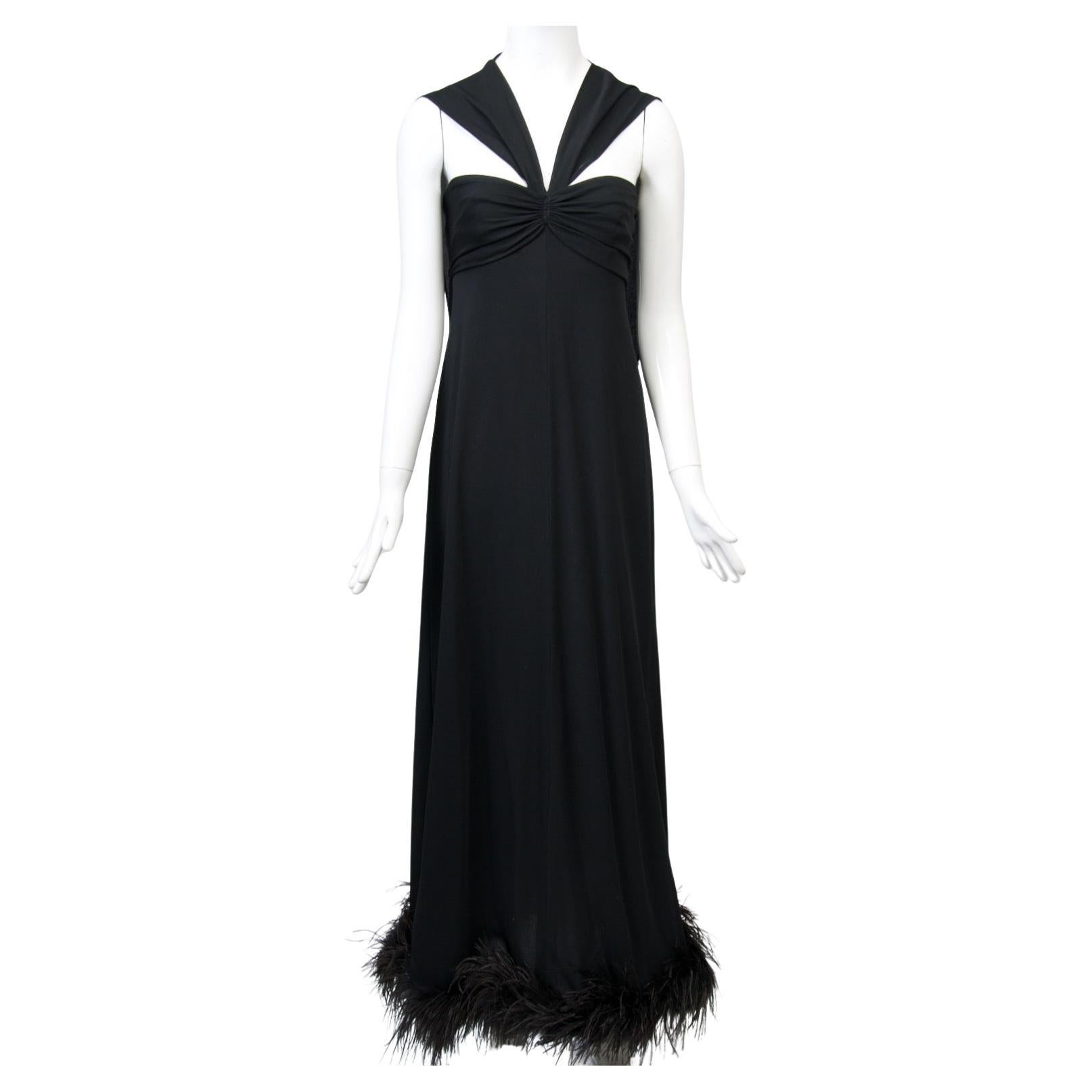 1970er Schwarzes Jersey-Kleid mit Marabu