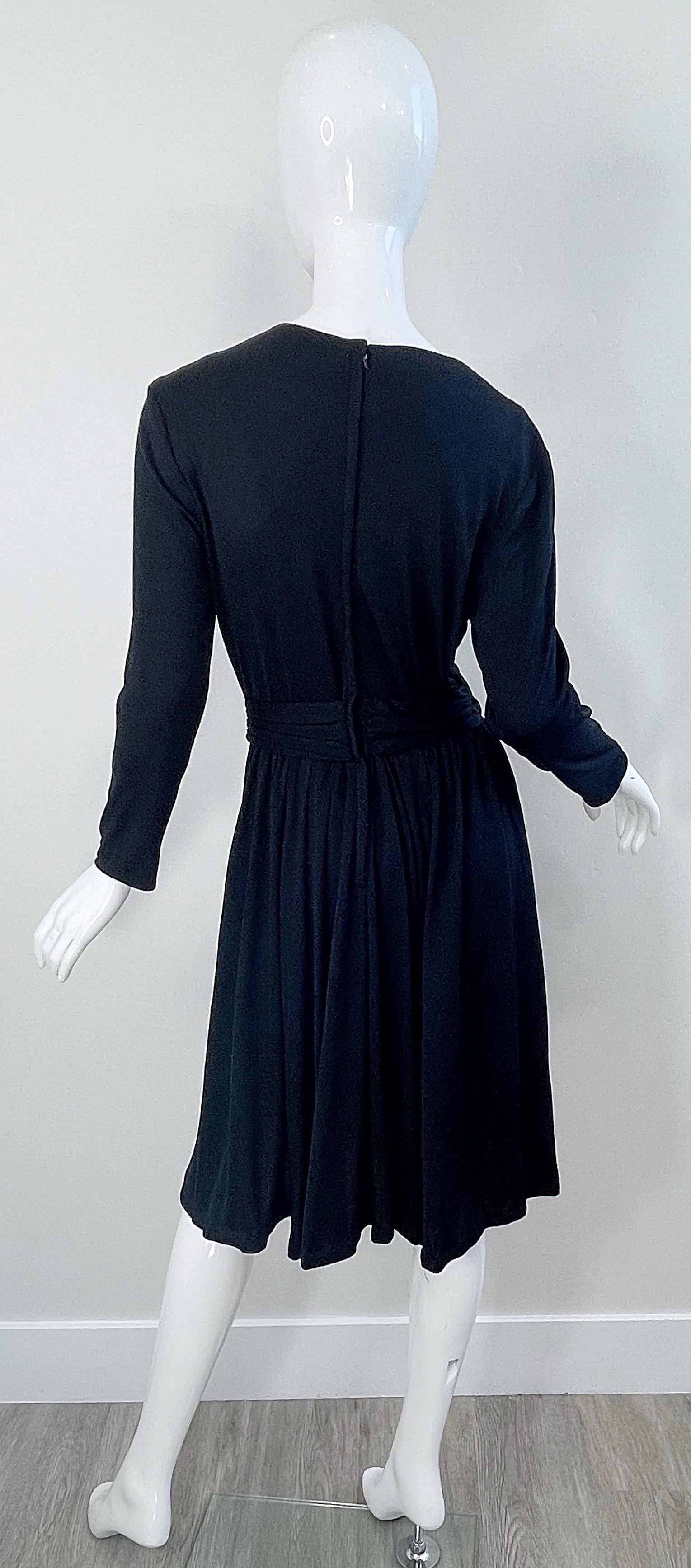 1970s Black Jersey Jeweled Rhinestone Belt Long Sleeve Vintage 70s Dress LBD  For Sale 6