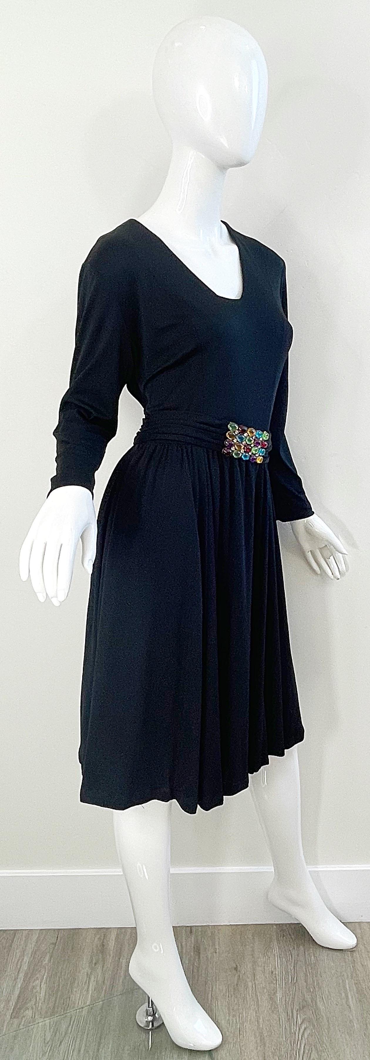 1970s Black Jersey Jeweled Rhinestone Belt Long Sleeve Vintage 70s Dress LBD  For Sale 7
