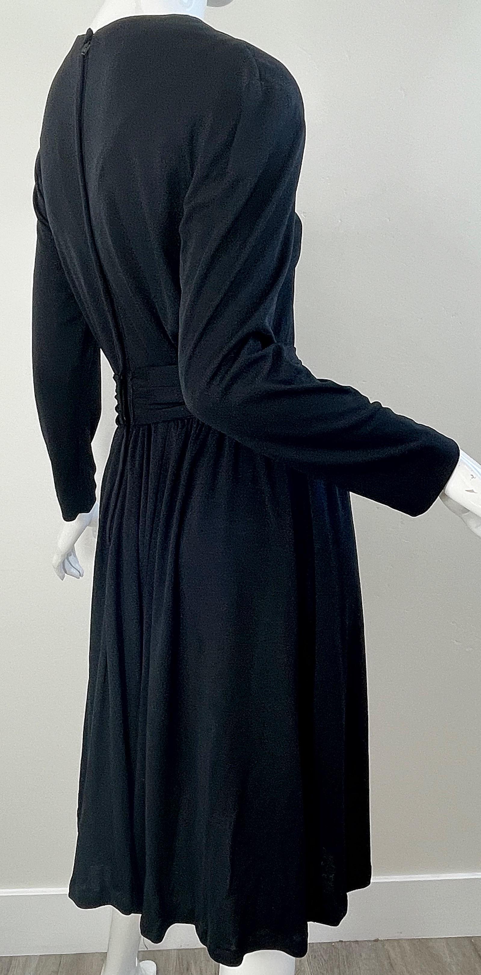 1970s Black Jersey Jeweled Rhinestone Belt Long Sleeve Vintage 70s Dress LBD  For Sale 11