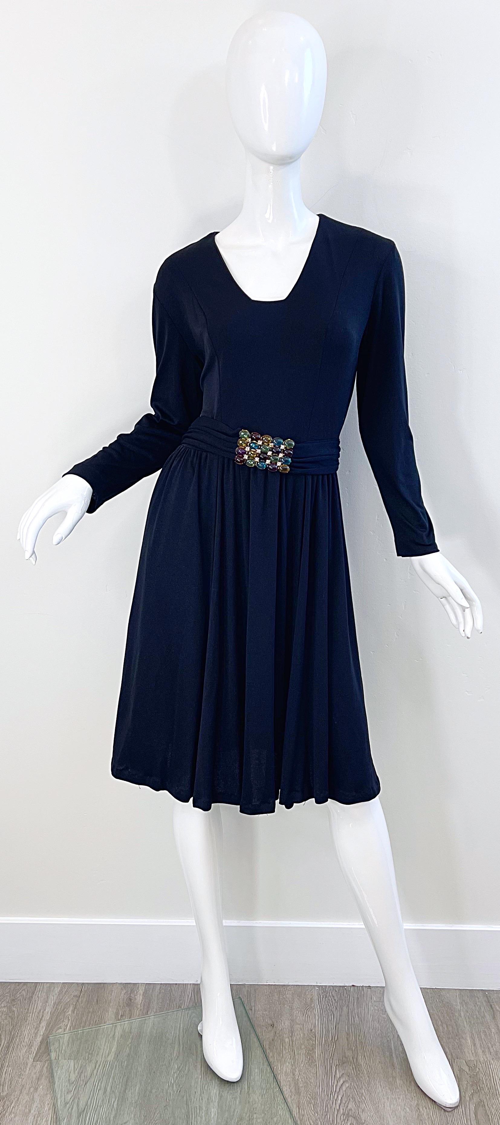 1970s Black Jersey Jeweled Rhinestone Belt Long Sleeve Vintage 70s Dress LBD  For Sale 12